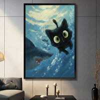 Black Cat Meets Shark Underwater Canvas Art Wall Art