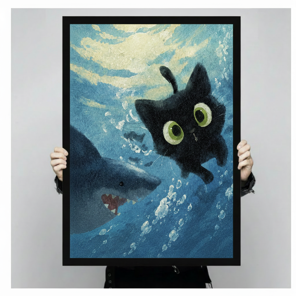 Black Cat Meets Shark Underwater Canvas Art Wall Art