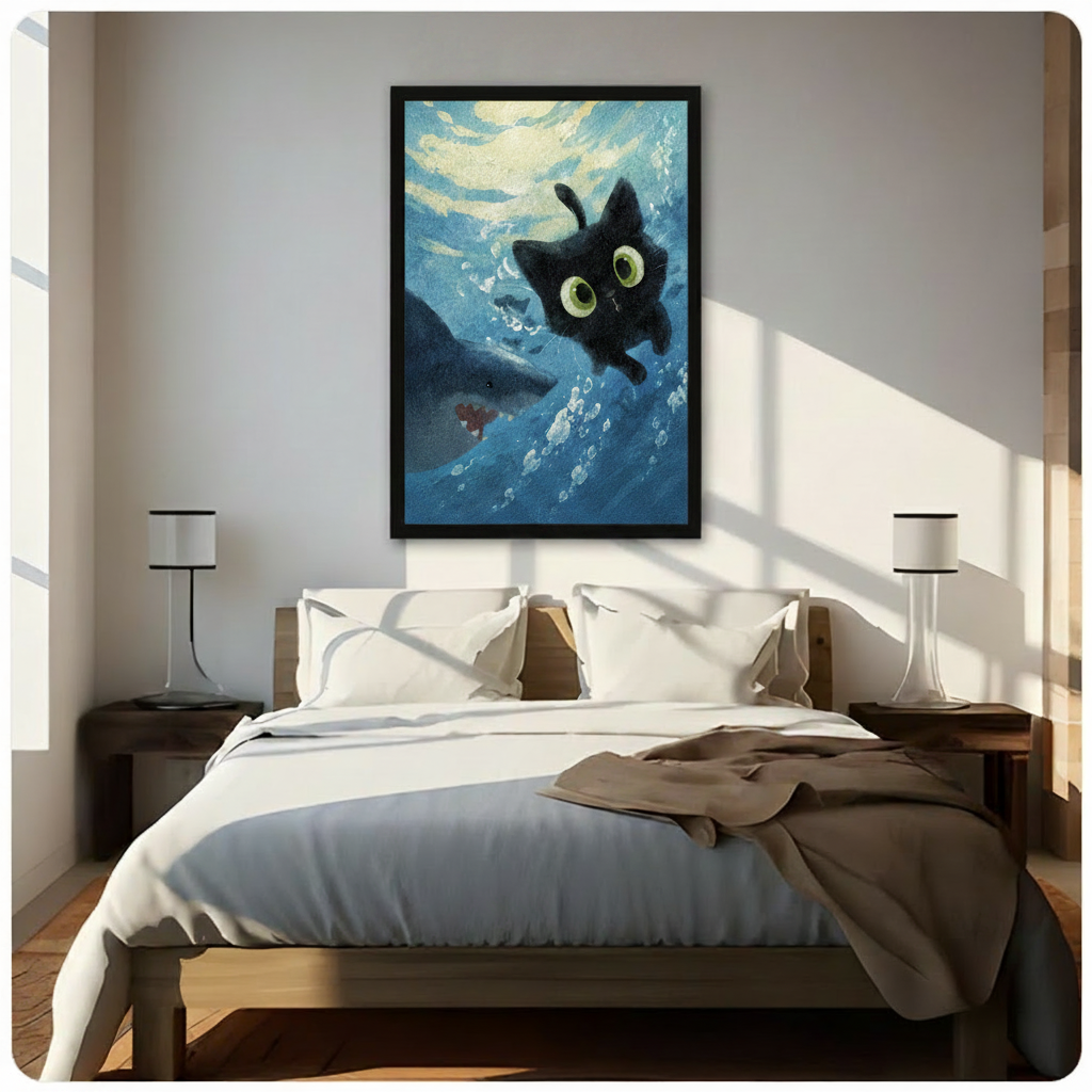Black Cat Meets Shark Underwater Canvas Art Wall Art