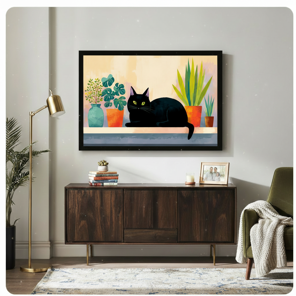 Black Cat Botanical Shelf Whimsical Canvas Art