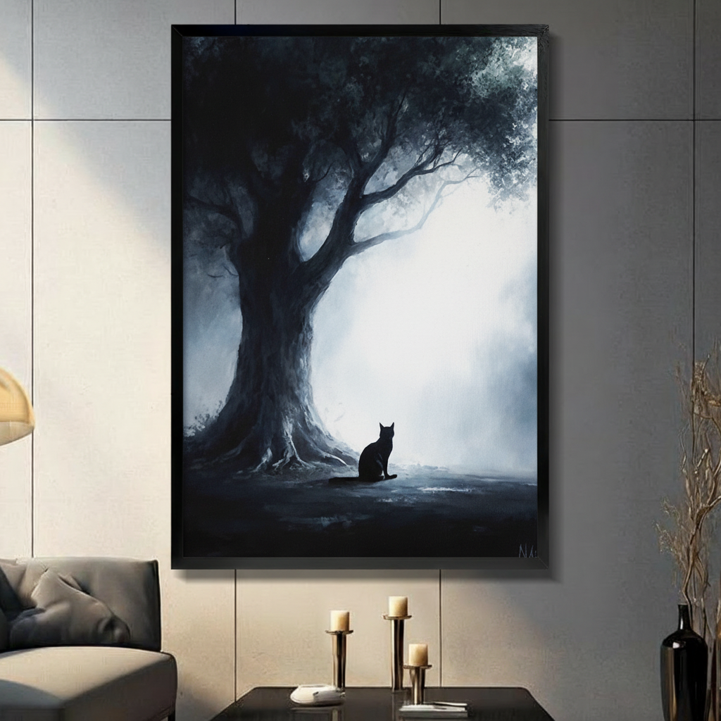 Mystical Black Cat Ancient Tree Dark Canvas Art