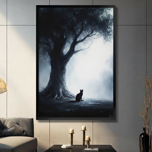 Mystical Black Cat Ancient Tree Dark Canvas Art