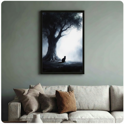 Mystical Black Cat Ancient Tree Dark Canvas Art