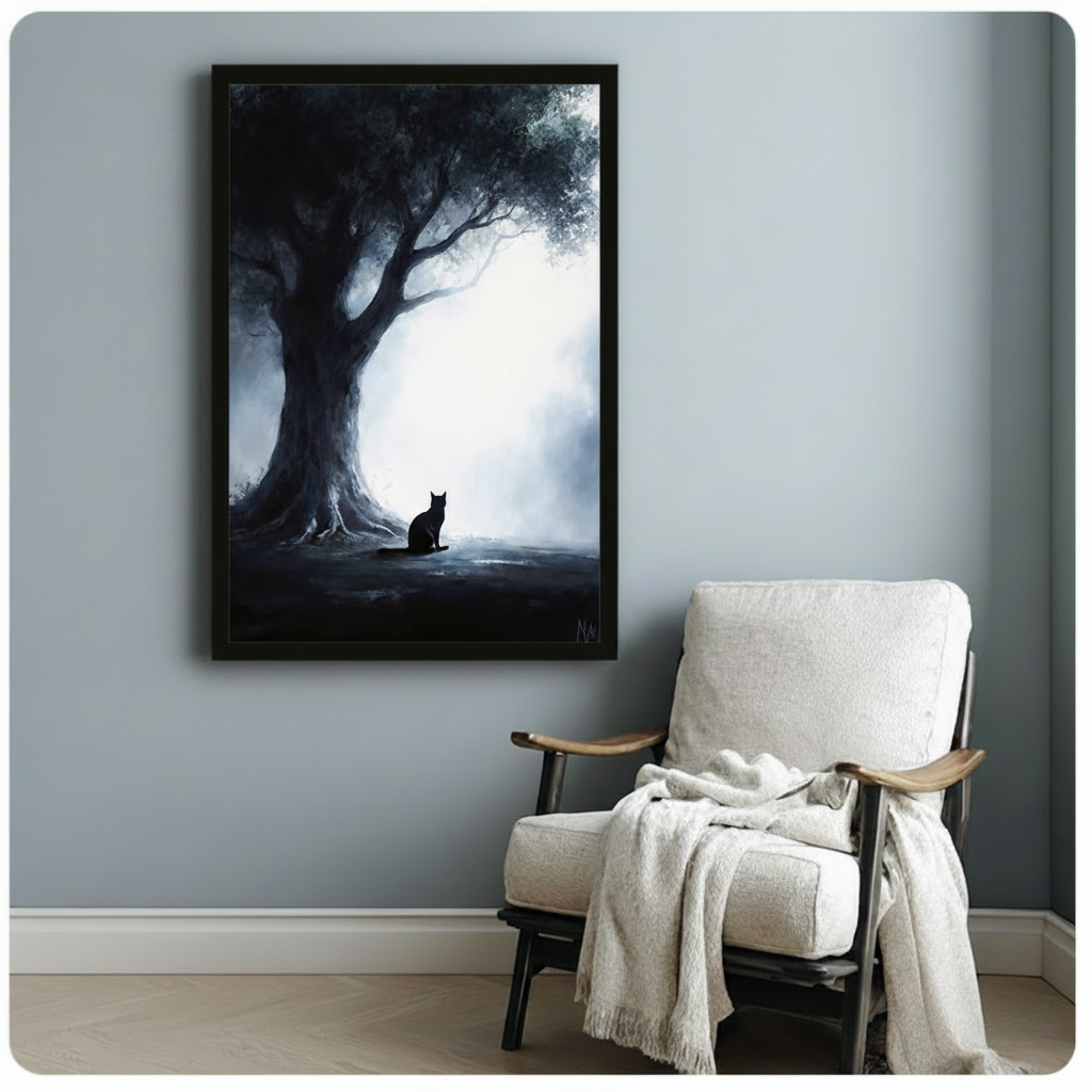 Mystical Black Cat Ancient Tree Dark Canvas Art