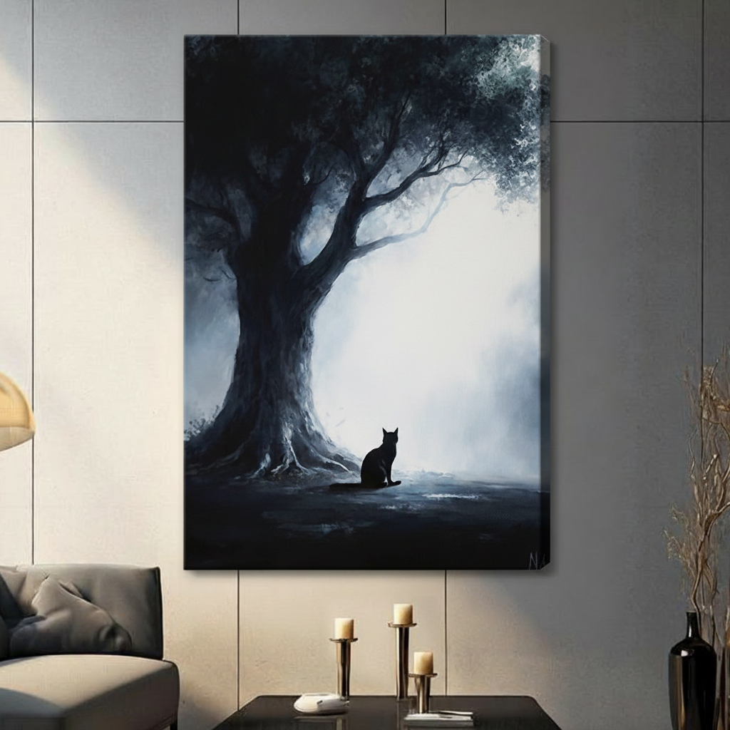 Mystical Black Cat Ancient Tree Dark Canvas Art