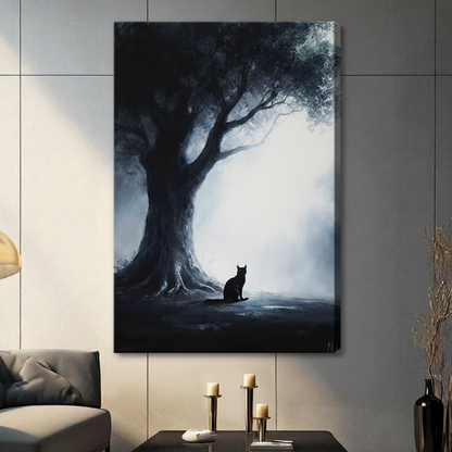 Mystical Black Cat Ancient Tree Dark Canvas Art