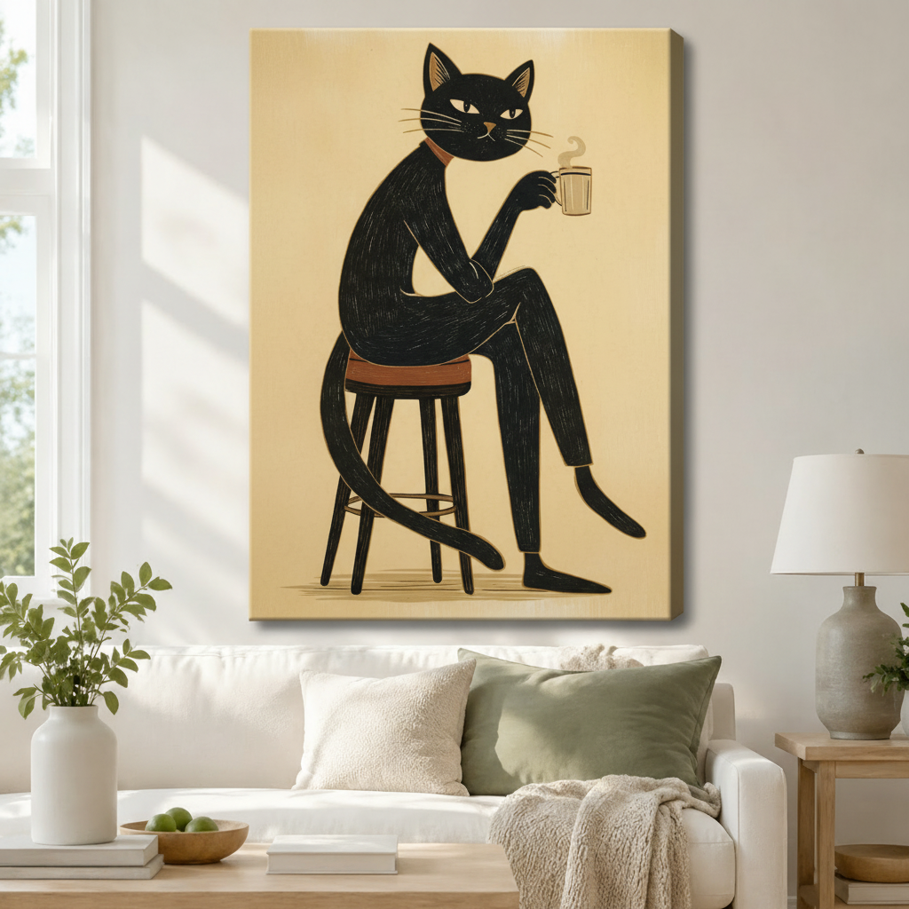 Coffee Cat Linocut Canvas Wall Art