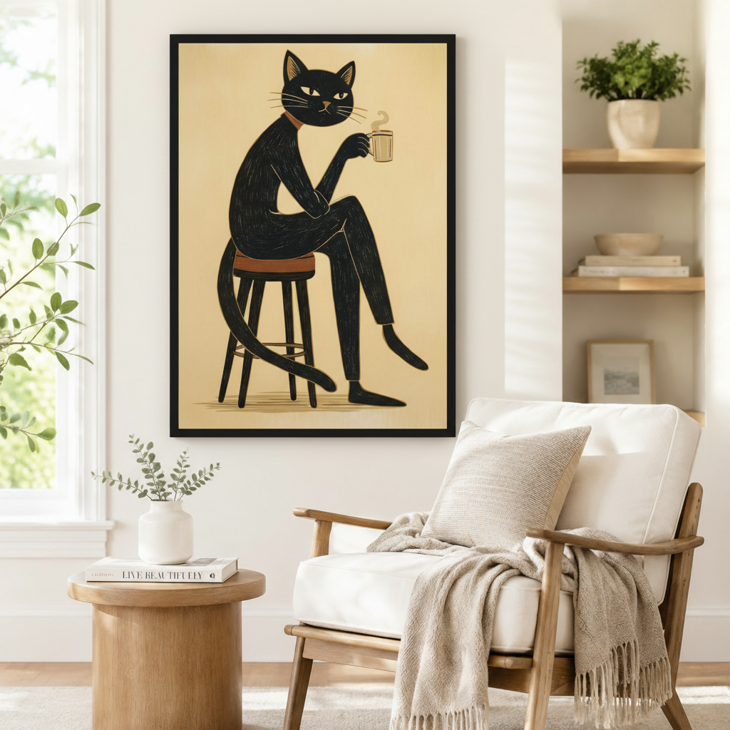 Coffee Cat Linocut Canvas Wall Art