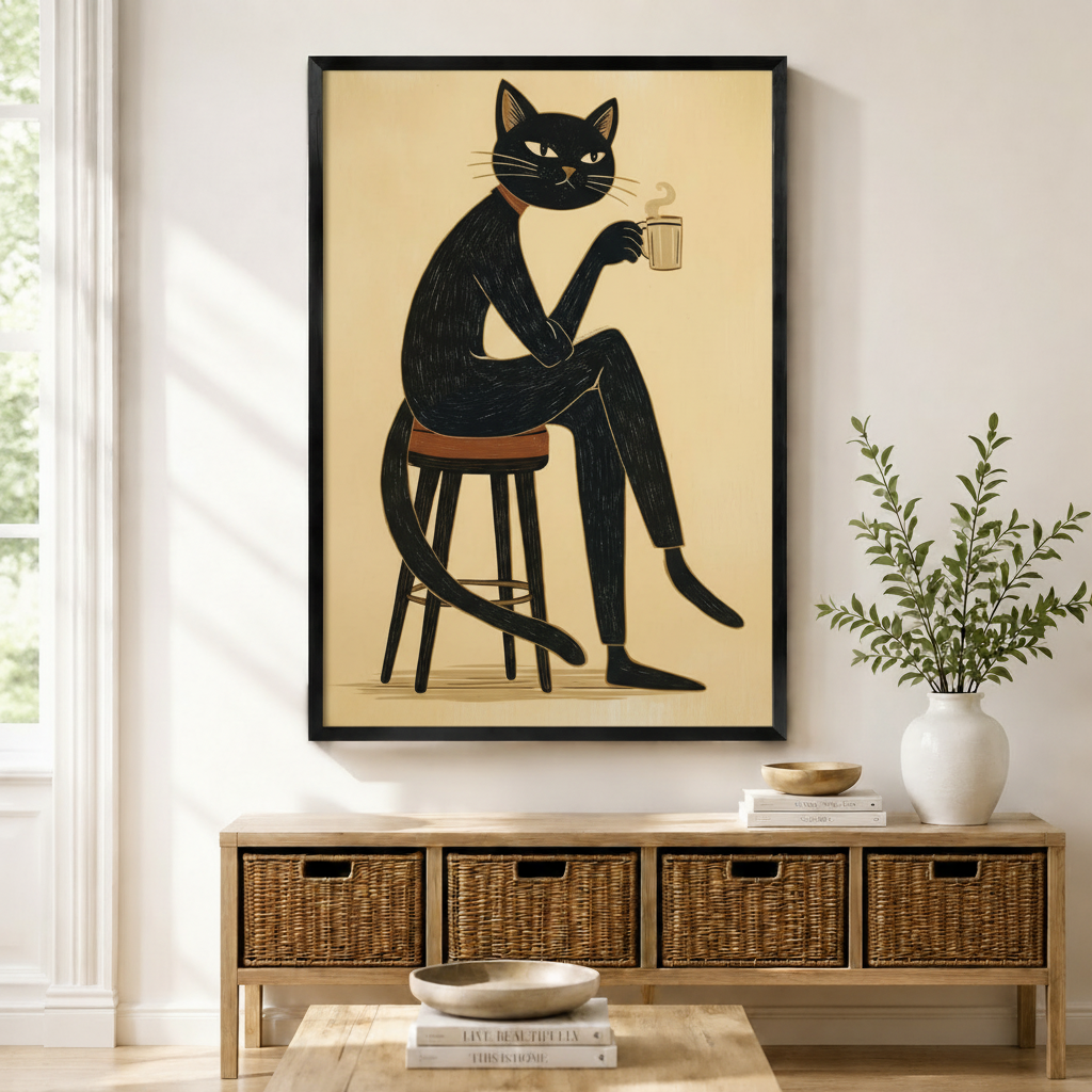 Coffee Cat Linocut Canvas Wall Art