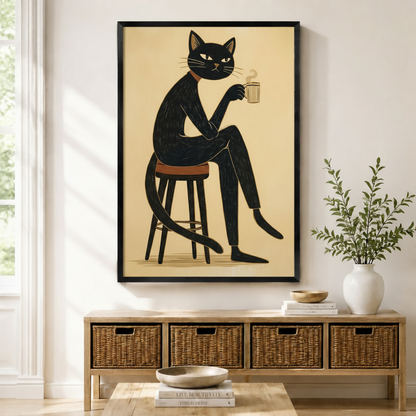 Coffee Cat Linocut Canvas Wall Art