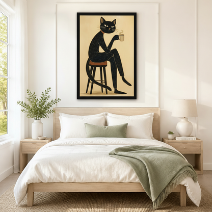 Coffee Cat Linocut Canvas Wall Art