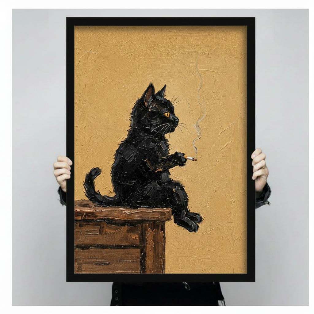 Vintage Black Cat Smoking Oil Canvas Wall Art