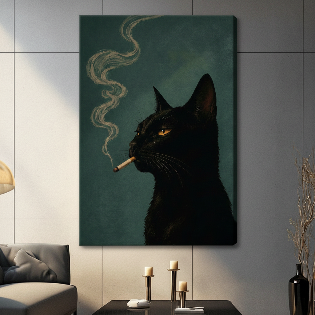 Gothic Black Cat Smoking Canvas Wall Art