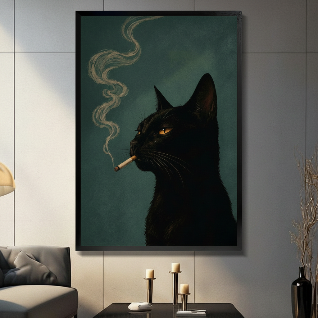 Gothic Black Cat Smoking Canvas Wall Art