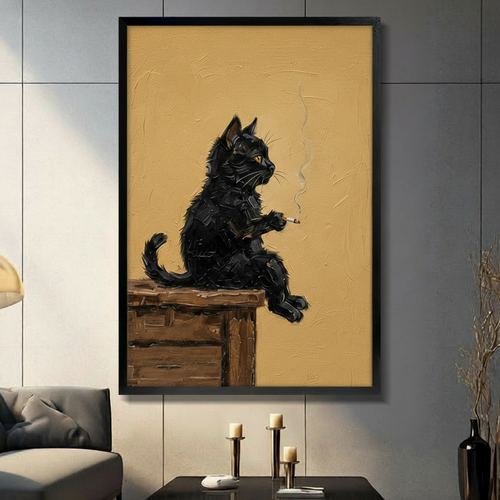Vintage Black Cat Smoking Oil Canvas Wall Art