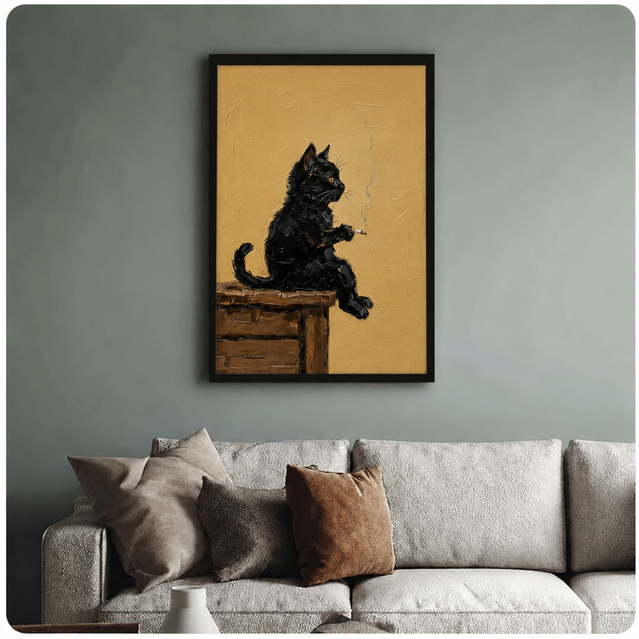 Vintage Black Cat Smoking Oil Canvas Wall Art