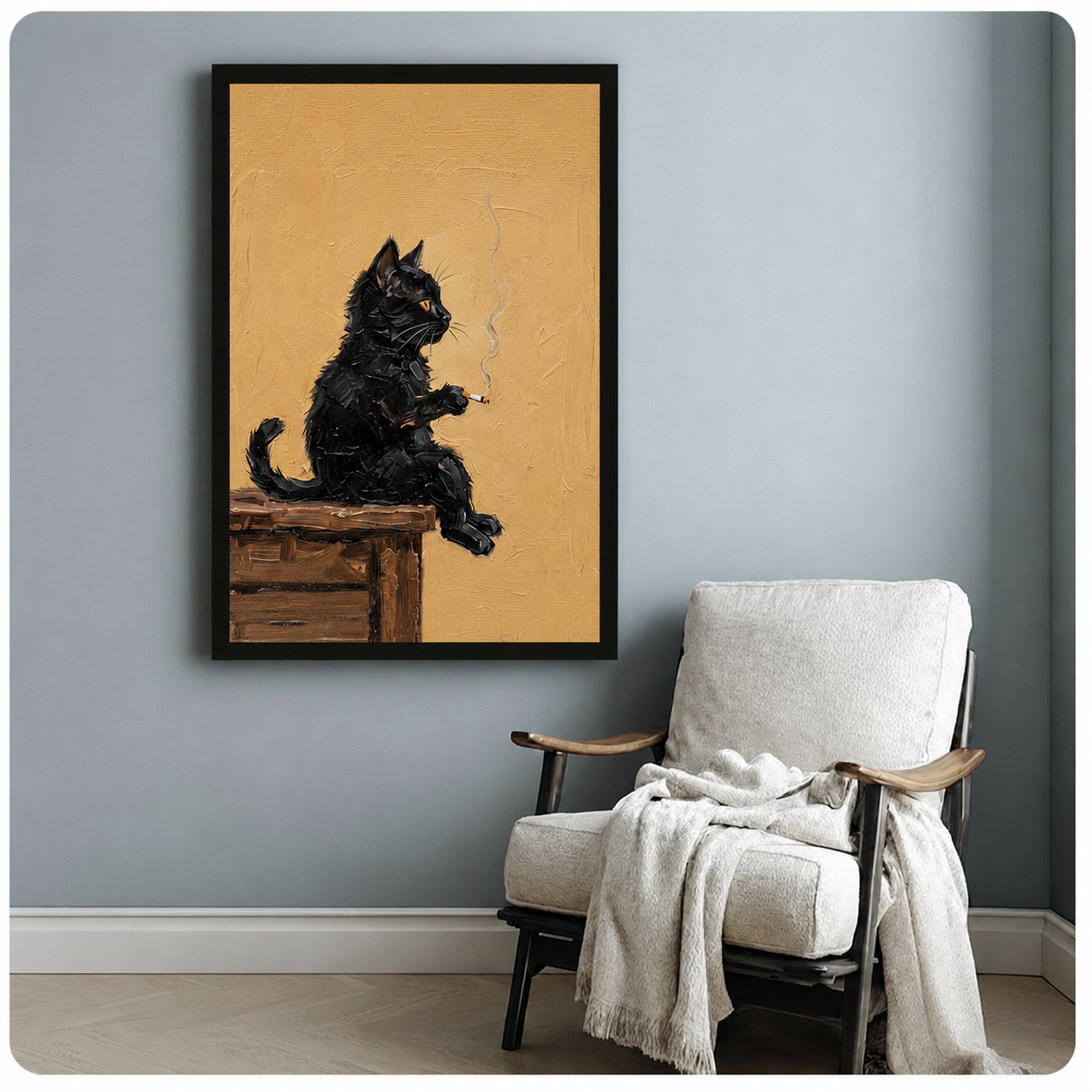 Vintage Black Cat Smoking Oil Canvas Wall Art