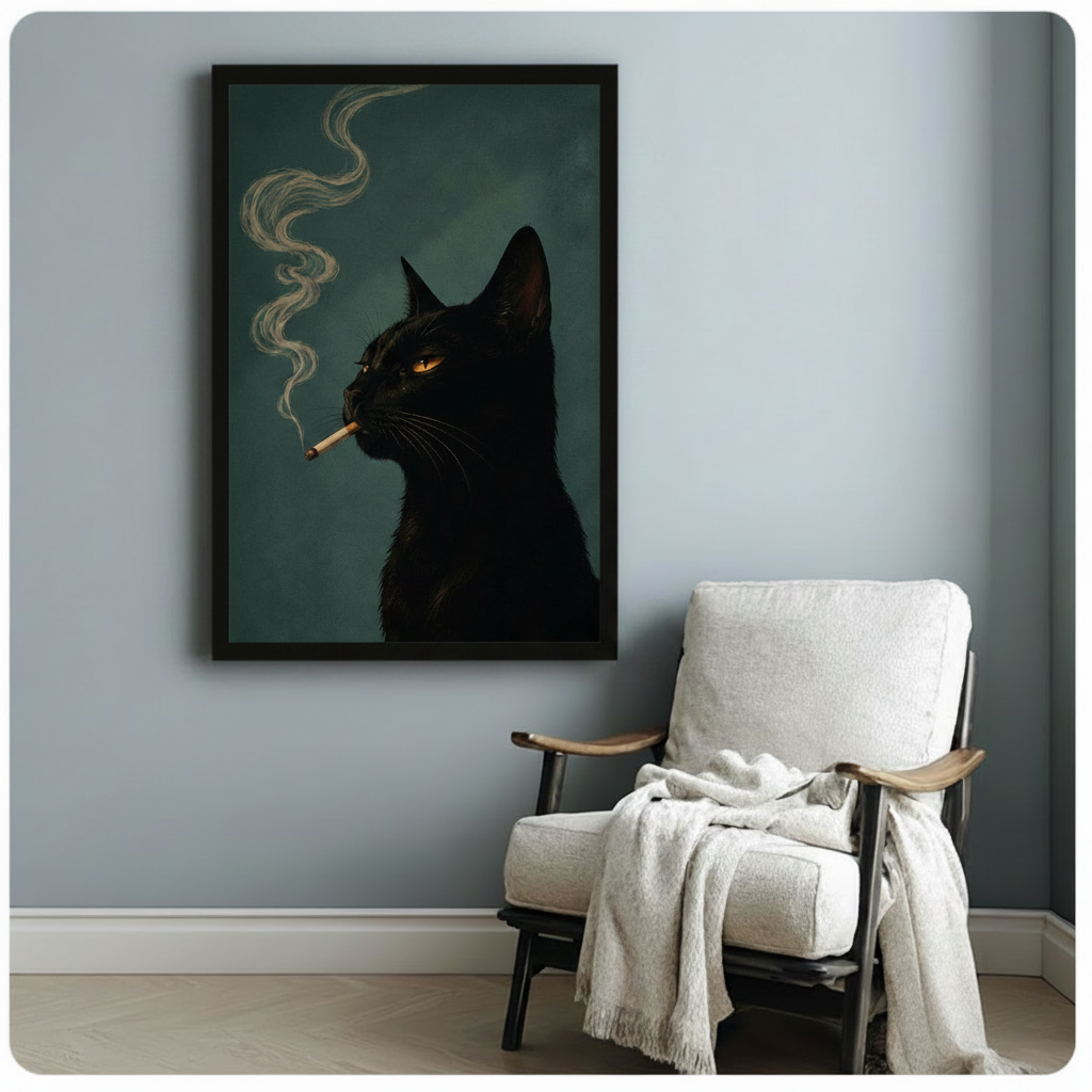 Gothic Black Cat Smoking Canvas Wall Art