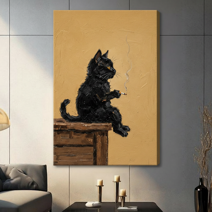 Vintage Black Cat Smoking Oil Canvas Wall Art