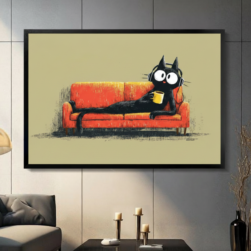 Black Cat Lounge Coffee Headphones Canvas Wall Art