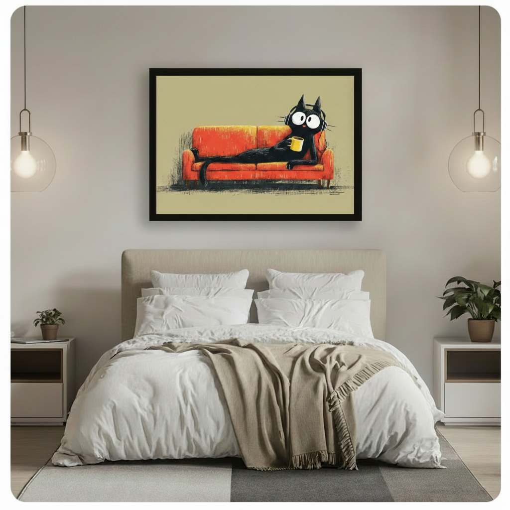 Black Cat Lounge Coffee Headphones Canvas Wall Art