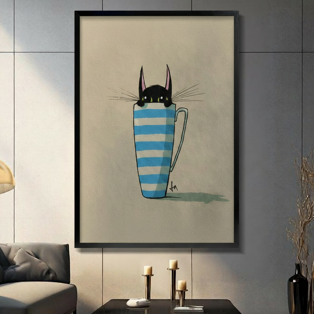 Black Cat in Striped Mug Canvas Print Wall Art
