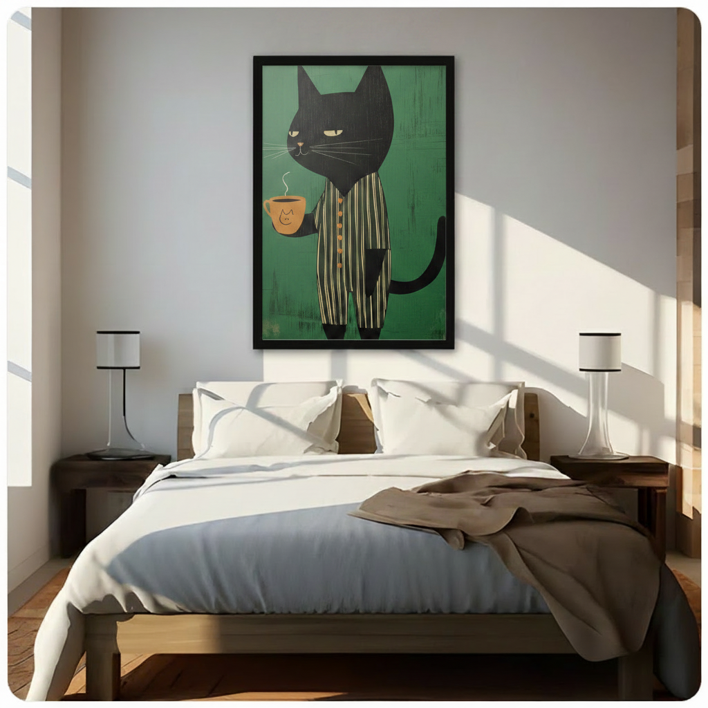 Black Cat Coffee Retro Illustration Canvas Art