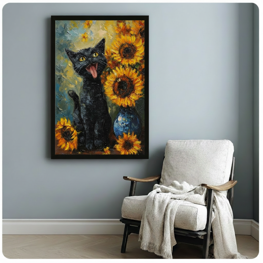 Van Gogh Style Black Cat Sunflower Canvas Art