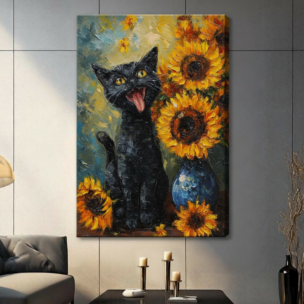 Van Gogh Style Black Cat Sunflower Canvas Art