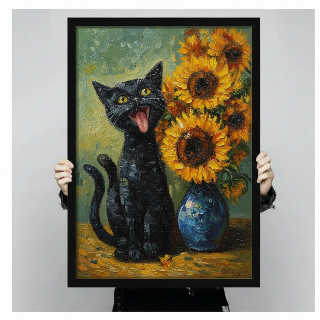 Van Gogh Style Black Cat Sunflower Canvas Art