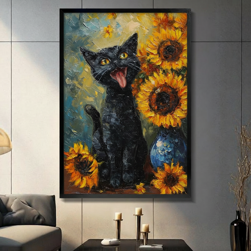 Van Gogh Style Black Cat Sunflower Canvas Art
