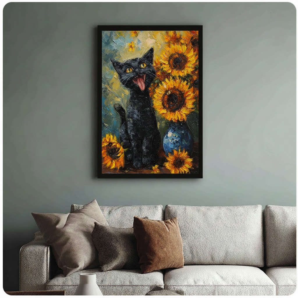Van Gogh Style Black Cat Sunflower Canvas Art