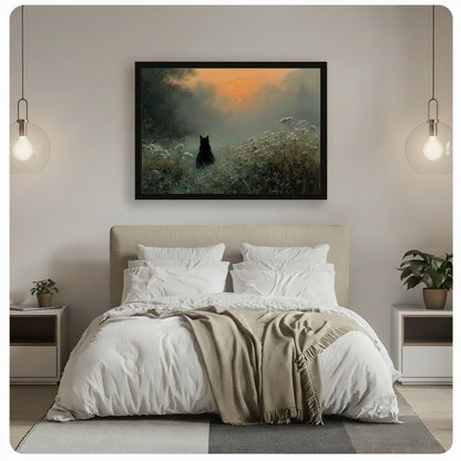 Black Cat Sunrise Misty Meadow Framed Print Canvas Wall Art