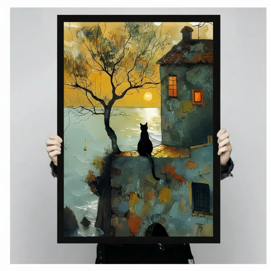 The Twilight Town Black Cat – Vintage Whimsical Wall Art on Natural Wood Canvas