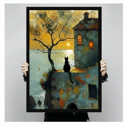 The Twilight Town Black Cat – Vintage Whimsical Wall Art on Natural Wood Canvas