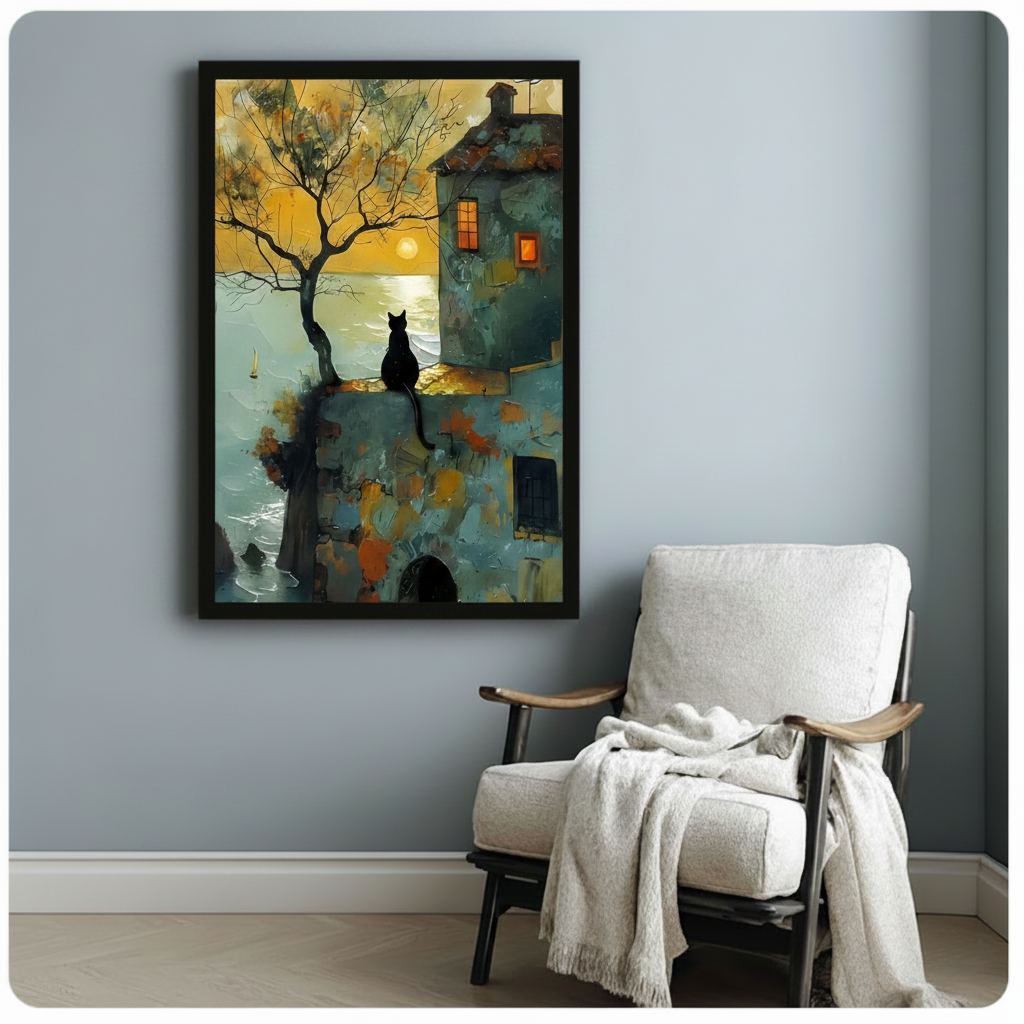 The Twilight Town Black Cat – Vintage Whimsical Wall Art on Natural Wood Canvas