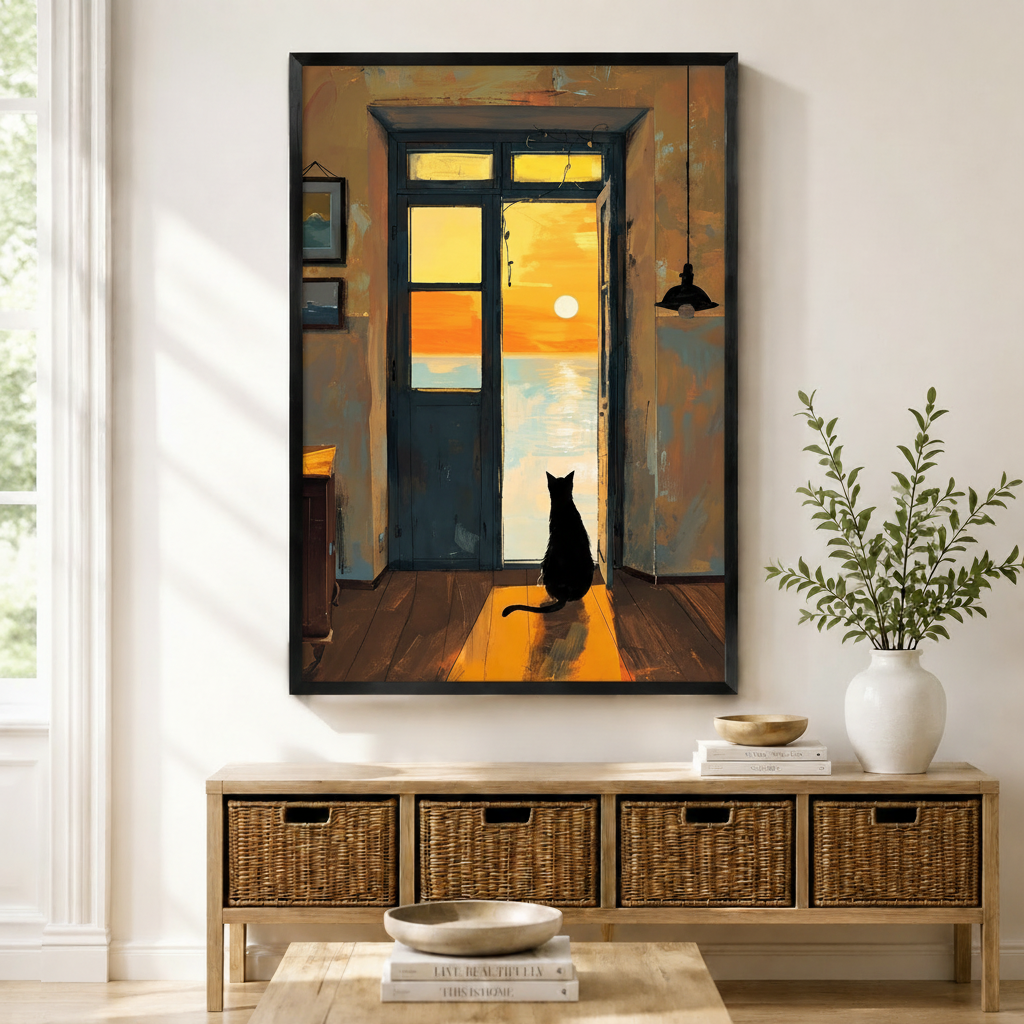 Black Cat Sunset Ocean View Canvas Art Wall Art