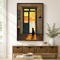 Black Cat Sunset Ocean View Canvas Art Wall Art