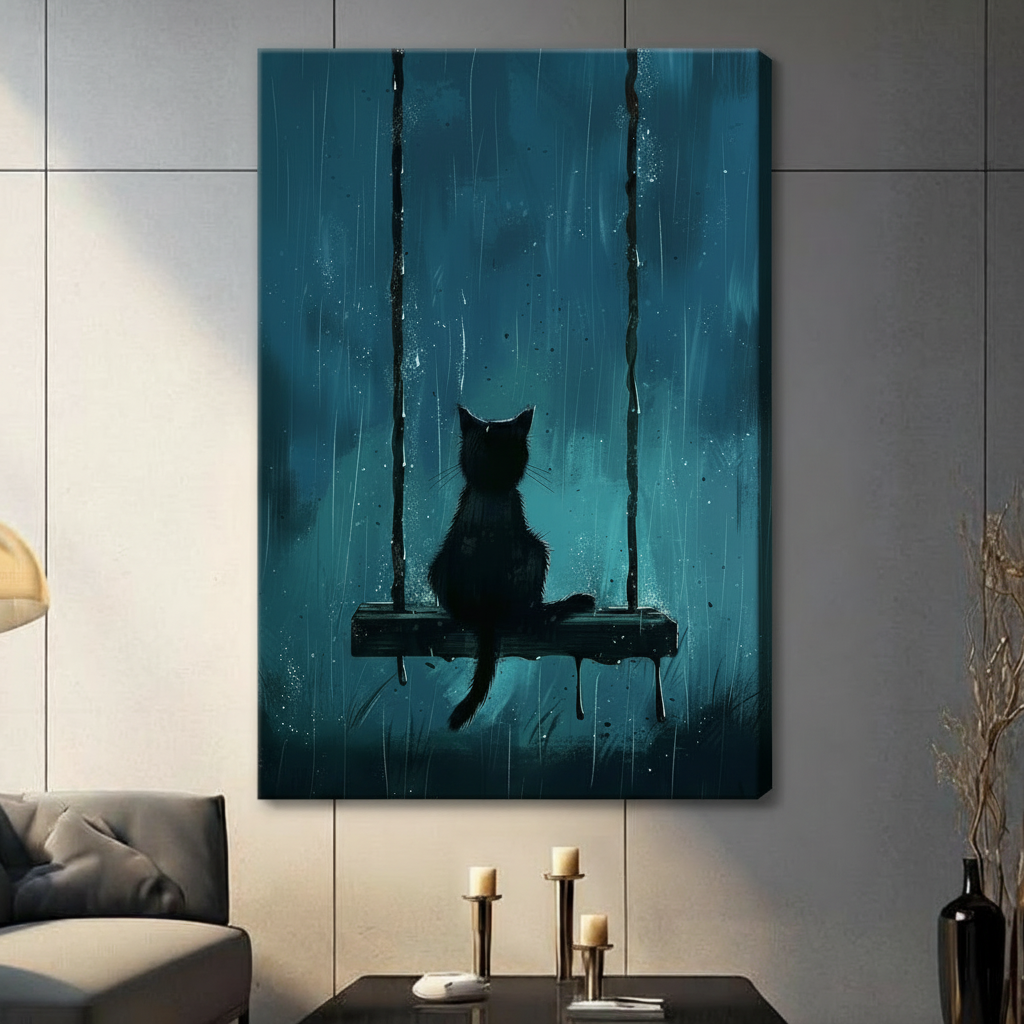 Black Cat Swing Rainy Night Canvas Wall Art
