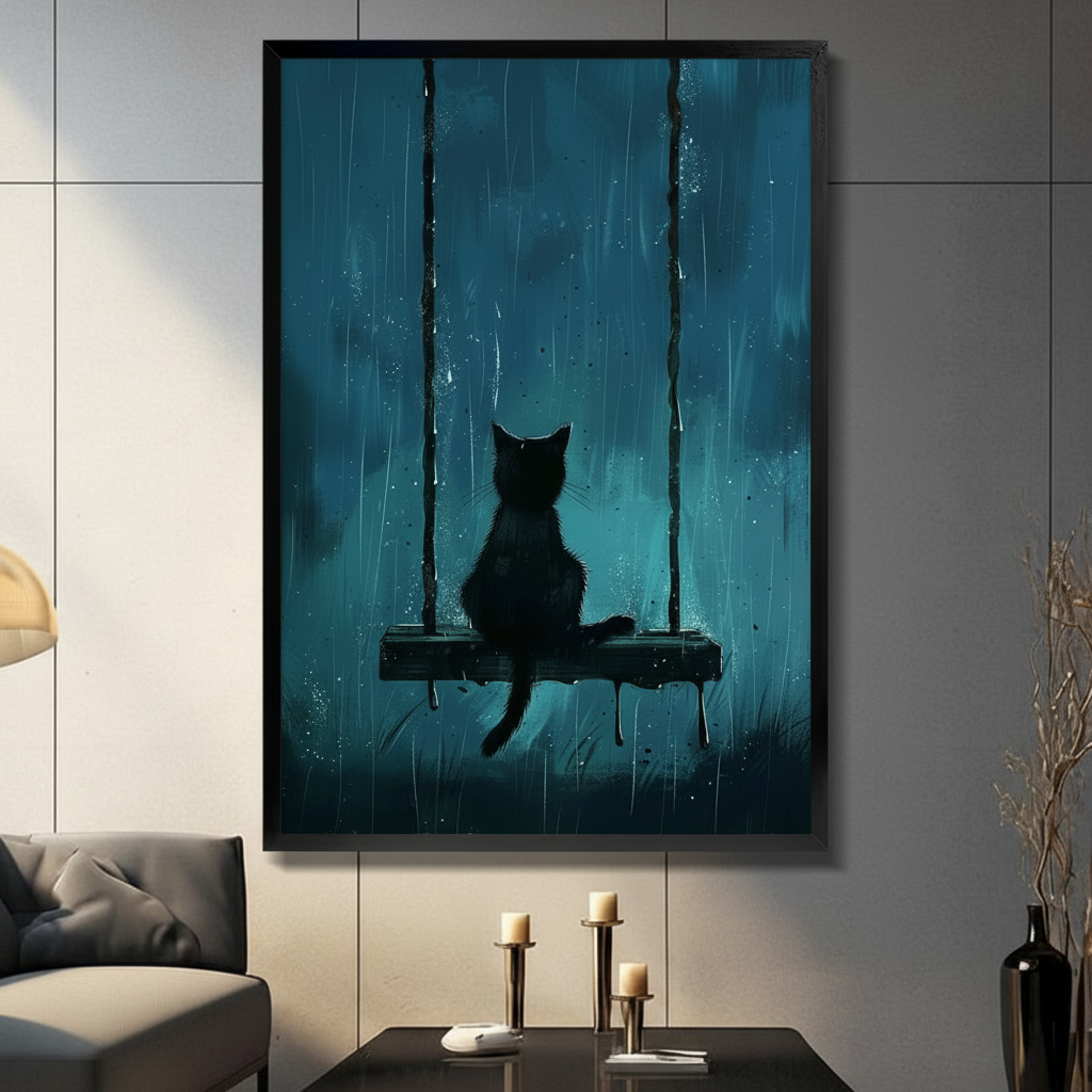 Black Cat Swing Rainy Night Canvas Wall Art