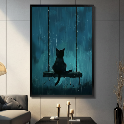 Black Cat Swing Rainy Night Canvas Wall Art