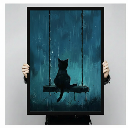 Black Cat Swing Rainy Night Canvas Wall Art