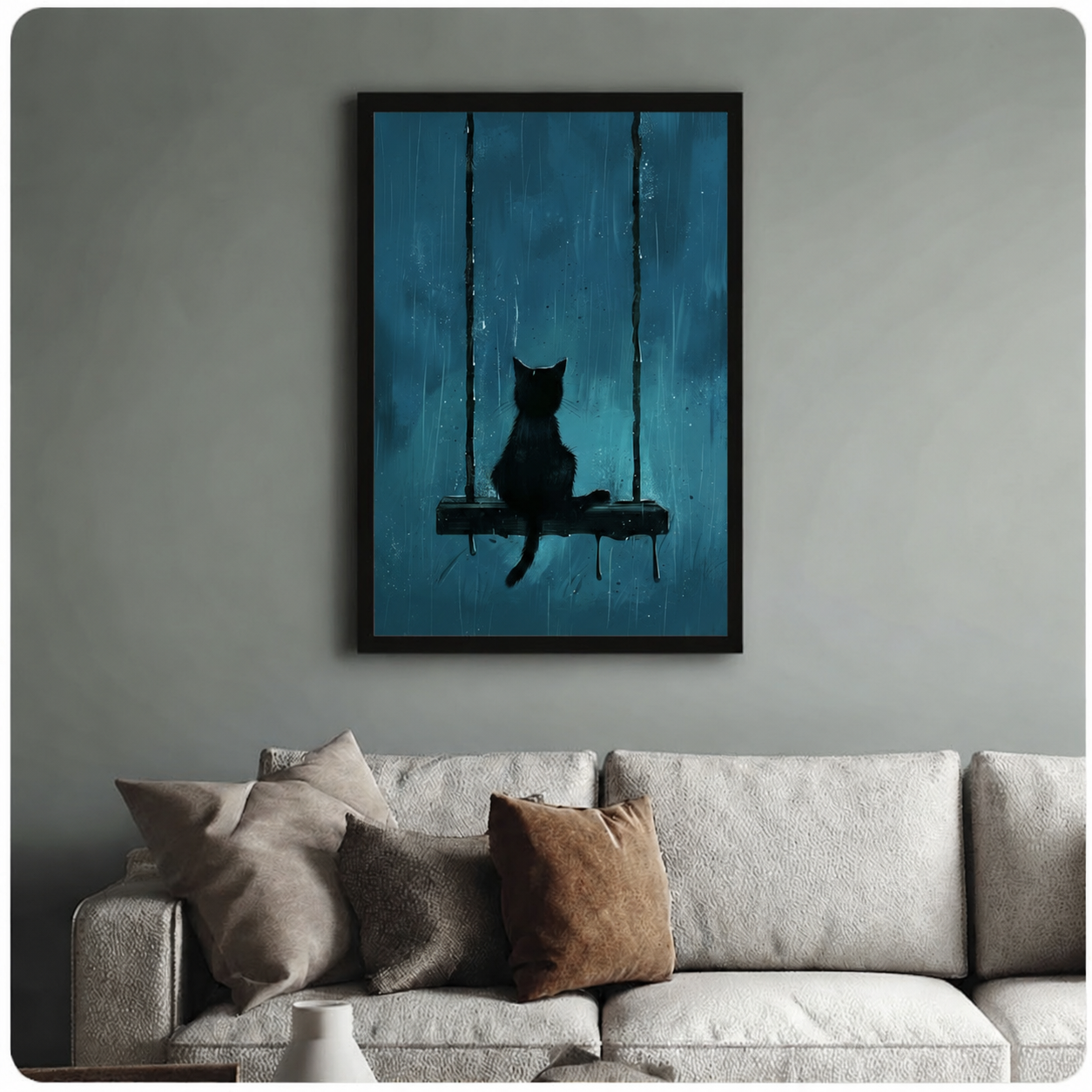 Black Cat Swing Rainy Night Canvas Wall Art
