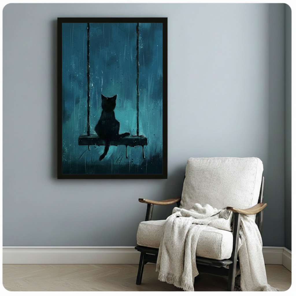 Black Cat Swing Rainy Night Canvas Wall Art