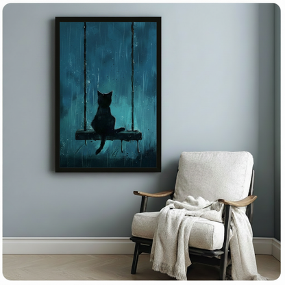 Black Cat Swing Rainy Night Canvas Wall Art