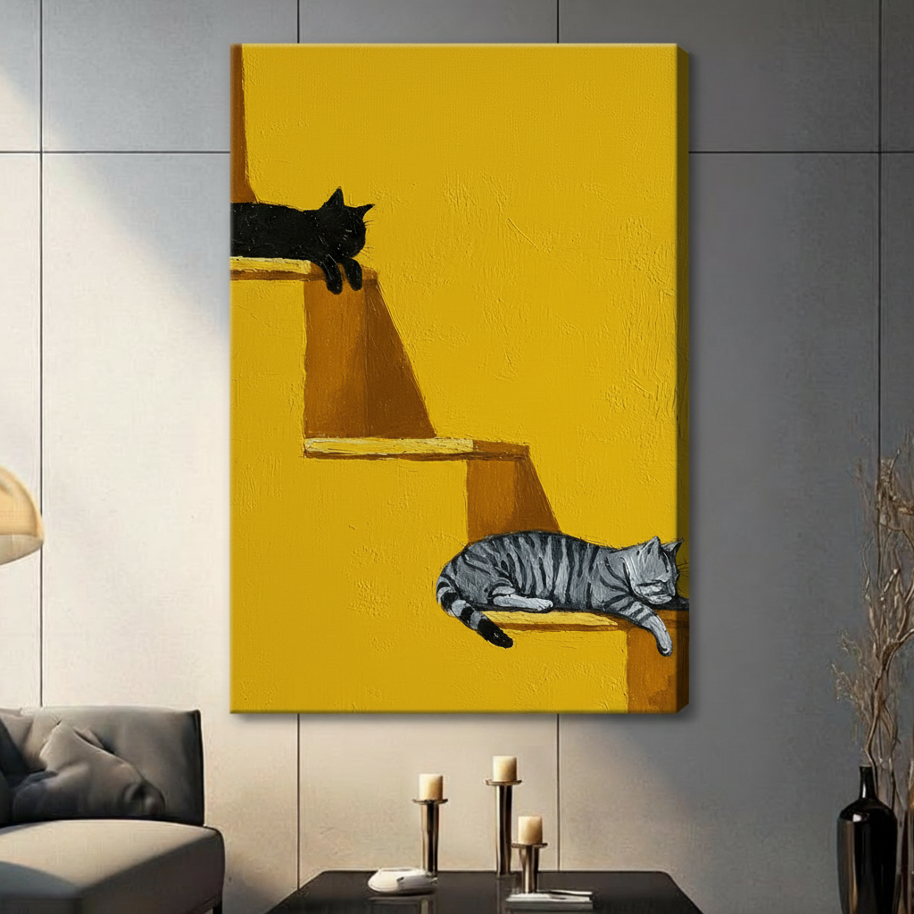 Two Lazy Cats Yellow Wall Canvas Art Wall Art