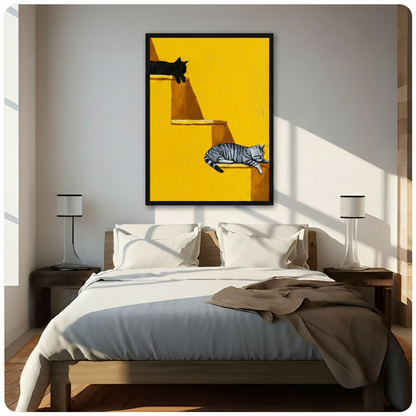 Two Lazy Cats Yellow Wall Canvas Art Wall Art
