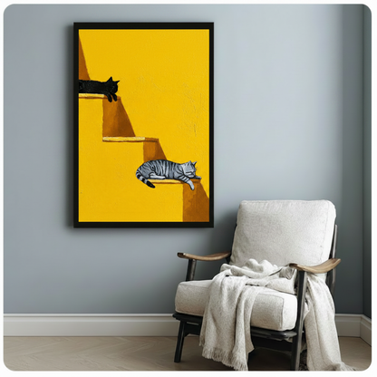 Two Lazy Cats Yellow Wall Canvas Art Wall Art