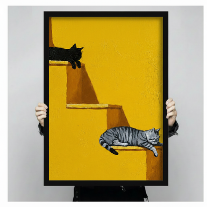 Two Lazy Cats Yellow Wall Canvas Art Wall Art