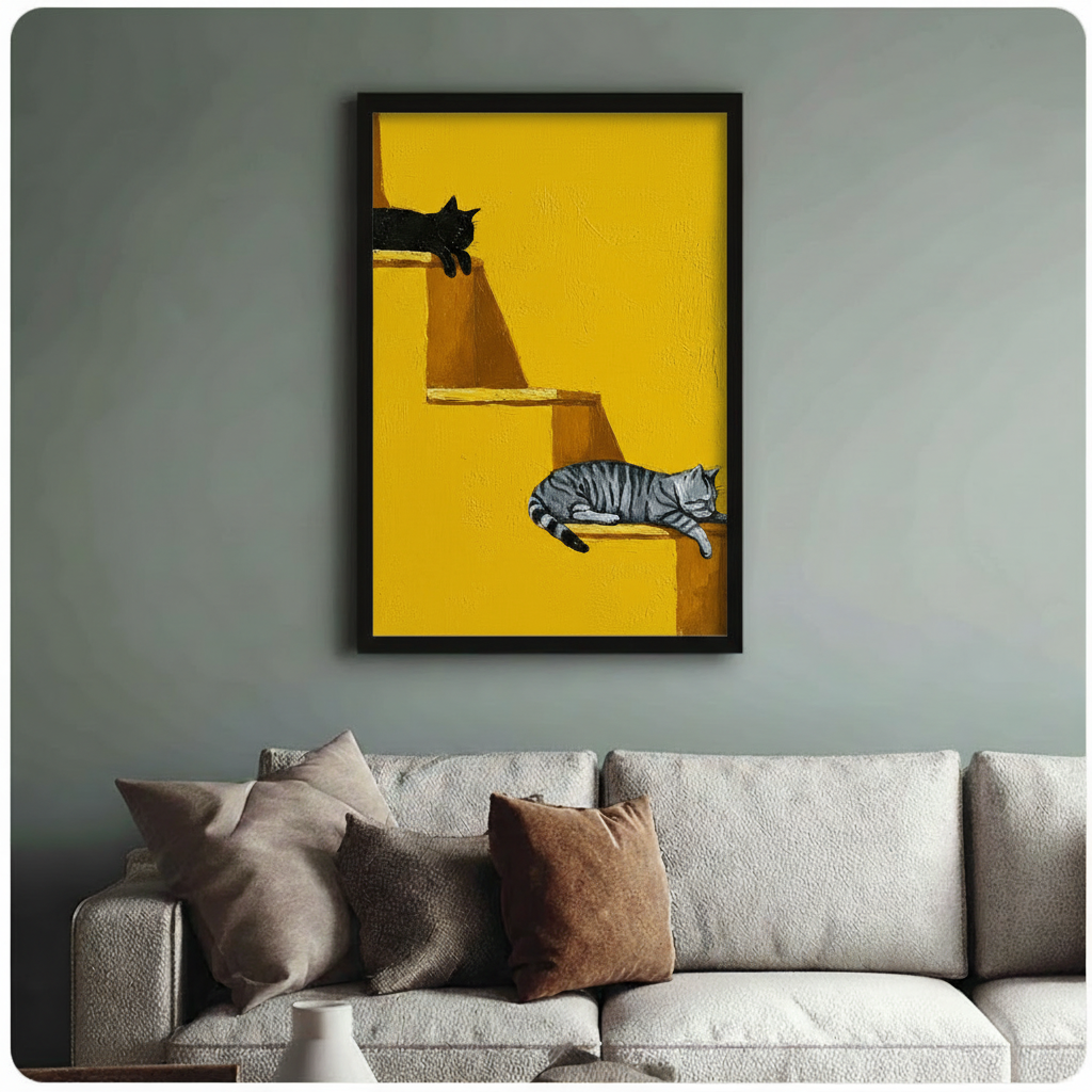 Two Lazy Cats Yellow Wall Canvas Art Wall Art